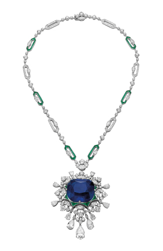 Love's Paradise high Jewellery necklace in white gold with 1 cushion shaped modified brilliant step cut sapphire (125.35 ct),Fancy and round brilliant cut diamond (33.18 ct) and pavé diamonds.